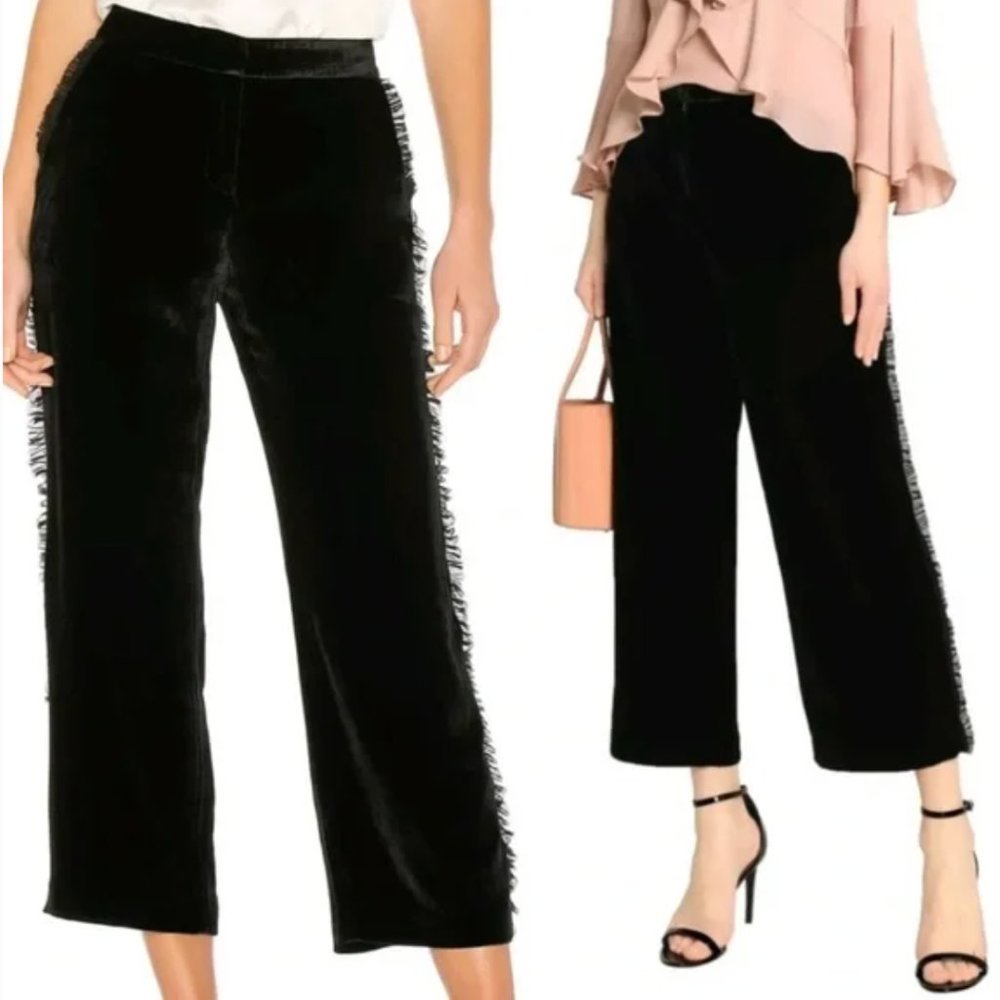 Cinq a Sept Zoma Velvet Silk Blend Ruffle Trim Crop Pant Black Size 4